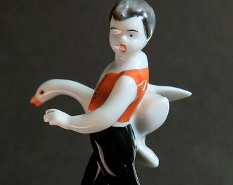 Vintage Hollohaza Porcelain - Boy with a Goose - hand painted figurine