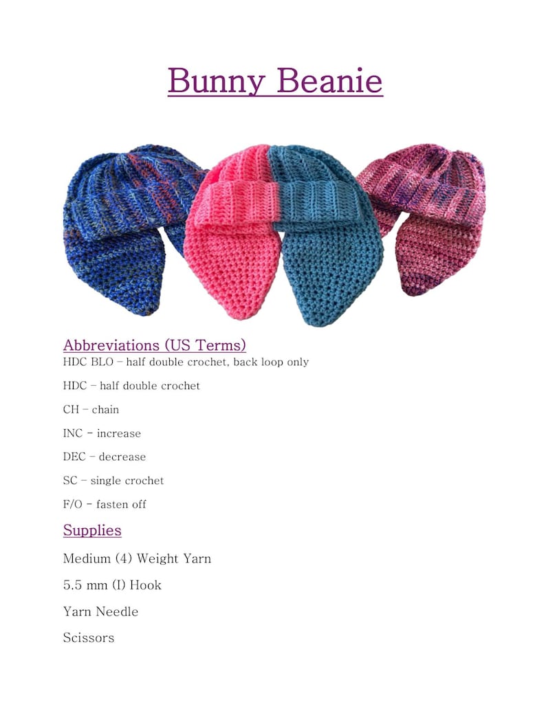 Pu&ograve; includere: Tre berretti da coniglio all'uncinetto in rosa, blu e viola. I berretti sono realizzati con filato di peso medio e un uncinetto da 5,5 mm. Le istruzioni includono abbreviazioni per i punti all'uncinetto.