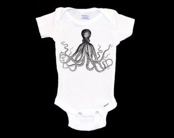 Octopus Baby Onesie®® -  Modern Toddler Onesie®®, Minimalist Infant Ocean Apparel, Unique Baby Romper, Black and Grey Youth Steampunk Shirt