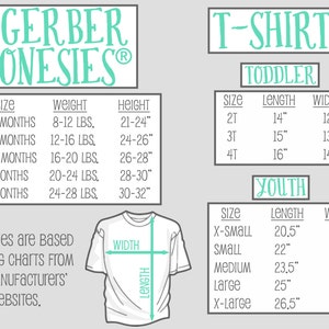 May include: Size chart for Gerber Onesies&reg; and T-shirts. The chart shows sizes for toddlers and youth, with measurements in inches for length and width. The chart also includes weight and height recommendations for Gerber Onesies&reg;.