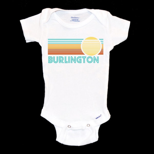 Burlington Baby Onesie®. Vermont Sunshine Onsie®. Stripes with Sun. BVT Native. 802 Mom Shower Gift. Green Mountains Souvenir. Youth Shirt.