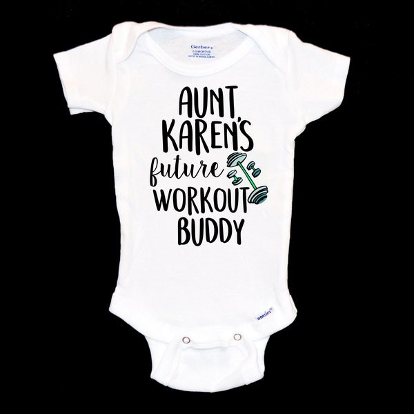 Aunt's Future Workout Buddy Onesie®. Auntie is a Gymrat. Gym Lover. Gym Rat. Pregnancy Announcement. Weight Lifter. Work Out. Crossfit Baby.