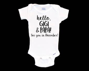 Surprise Pregnancy Announcement. Hello Gigi and Papa.  Customized Onesie®. Personalized Gift. New Grandparents.  Novelty Gift.