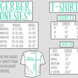 Puede incluir: Tabla de tallas para Gerber Onesies&reg; y camisetas. La tabla muestra las tallas para ni&ntilde;os peque&ntilde;os y j&oacute;venes, con medidas en pulgadas para la longitud y el ancho. La tabla tambi&eacute;n incluye recomendaciones de peso y altura para Gerber Onesies&reg;.