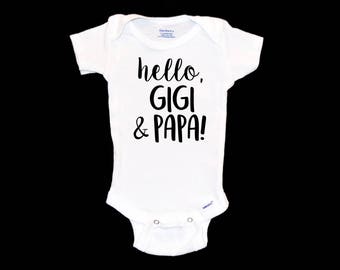 Surprise Pregnancy Announcement. Hello Gigi and Papa.  Customized Onesie®. Personalized Gift. New Grandparents.  Novelty Gift.