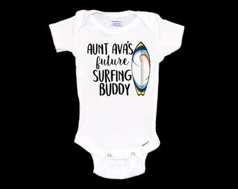 Aunt's Surfing Buddy Onesie®. Future Surfer Dude Baby Onsie®. New Fun Auntie. Surfboard.  Love to Surf. Pregnancy Announcement. Beach Bum.