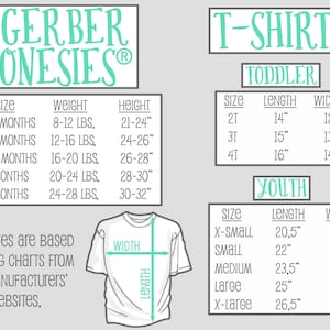 May include: Size chart for Gerber Onesies&reg; and t-shirts. The chart shows sizes for babies, toddlers, and youth. It includes size, weight, height, length, and width measurements in inches.