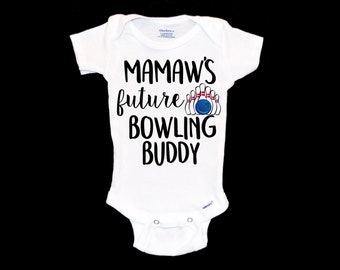 Mamaw's Bowling Buddy Onesie®. Bowling League Baby Onsie®. New Grandmother. Pregnancy Announcement. We're Pregnant. Mimi Grammy Nana