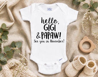 Surprise Pregnancy Announcement. Hello Gigi and Papaw. See you soon. Customized Onesie®®. Personalized Gift. New Grandparents. Novelty Gift.