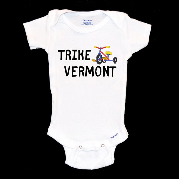 Trike Vermont Onesie®. Funny Biking Baby Onsie®. VT Newborn Gift. 802 Tricycle Apparel. Biker Shower Present. Cyclist Mom. BVT Bike Shirt.