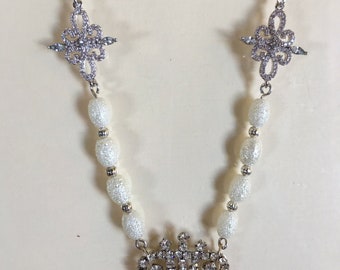 Striking Assemblage Vintage Rhinestone Crown Necklace with Clear Rhinestones and Cubic Zirconias on Sterling Silver Chain