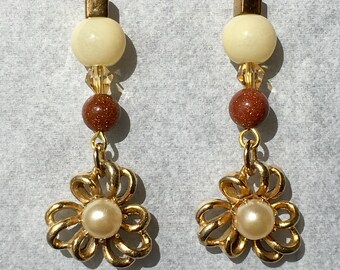 Handcrafted Dangle Vintage & New Pierced Earrings with Sunstone Beads, Glass Champagne Bicones, Cream Beads, Gold Tone Cubes on 14K GF Wires