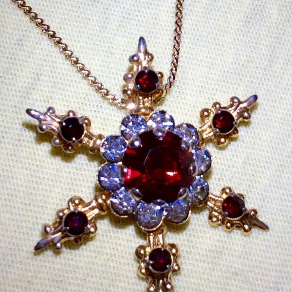 Pretty Reworked Vintage Pin Brooch w/Glass Ruby Red and White Rhinestones Now a Beautiful Gold Tone Necklace in a Snowflake Motif