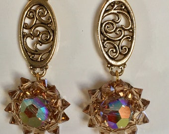 Pretty Bronze Vintage Glass Bead Dangle Pierced Earrings with Antique Gold Tone Links on 14K Gold Filled Ear Wires