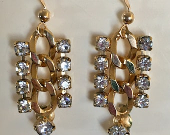 Pretty Vintage Gold Tone Dangle Chain Pierced Earrings with Clear Rhinestones on 14K Gold Filled Ear Wires