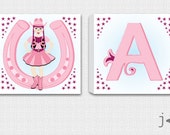 Set of 2 - Cowgirl and Matching Custom Monogram - Stretched Canvas Wall Art - Perfect for little girls bedroom or nursery