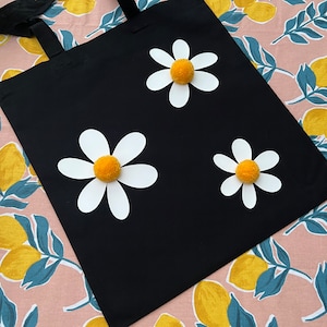 Daisy Daisy Cotton Tote - cute tote bag with white daisies & yellow Pom Poms. Birthday gift.