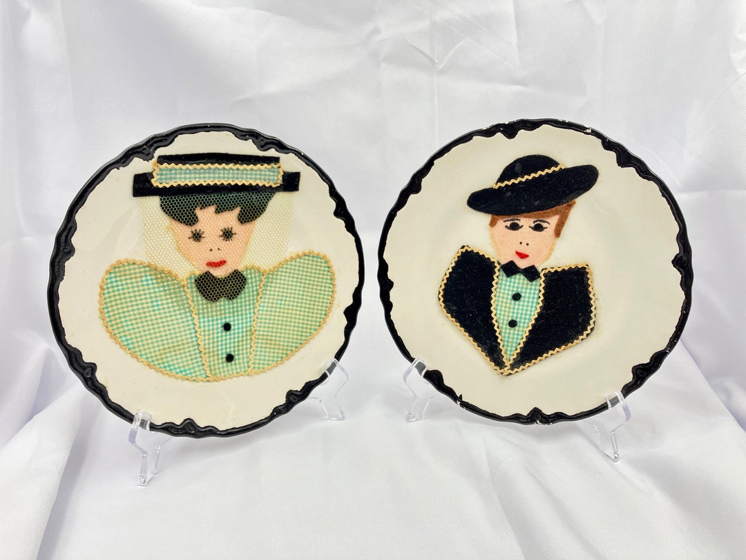 VTG Hand Decorated Folk Art, Off-white Plates, With Black Trim Man and ...