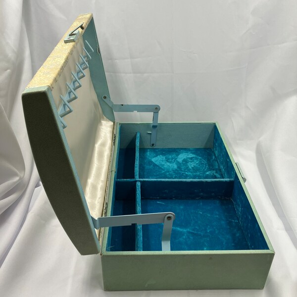 Very Large Vintage Farrington Bureau Jewelry Box- 14.25" x 9" x 4.5", With Vibrant Blue Velvet Lining and Damask Fabric Top