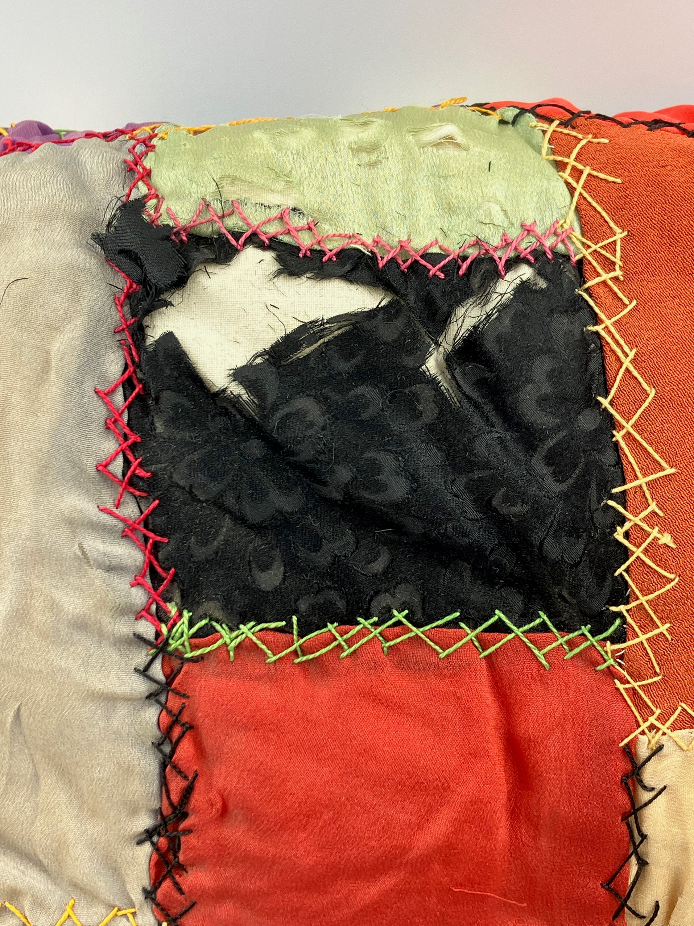 Circa 1940s, Hand Stitched Crazy Quilt Pillow Synthetic Textile Fabric