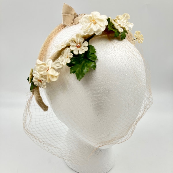 1950s Velvety Taupe and Floral Juliette Cap, With Veil - Half Hat, Cocktails, Wedding, Formal Attire, Costume Hat, Vintage