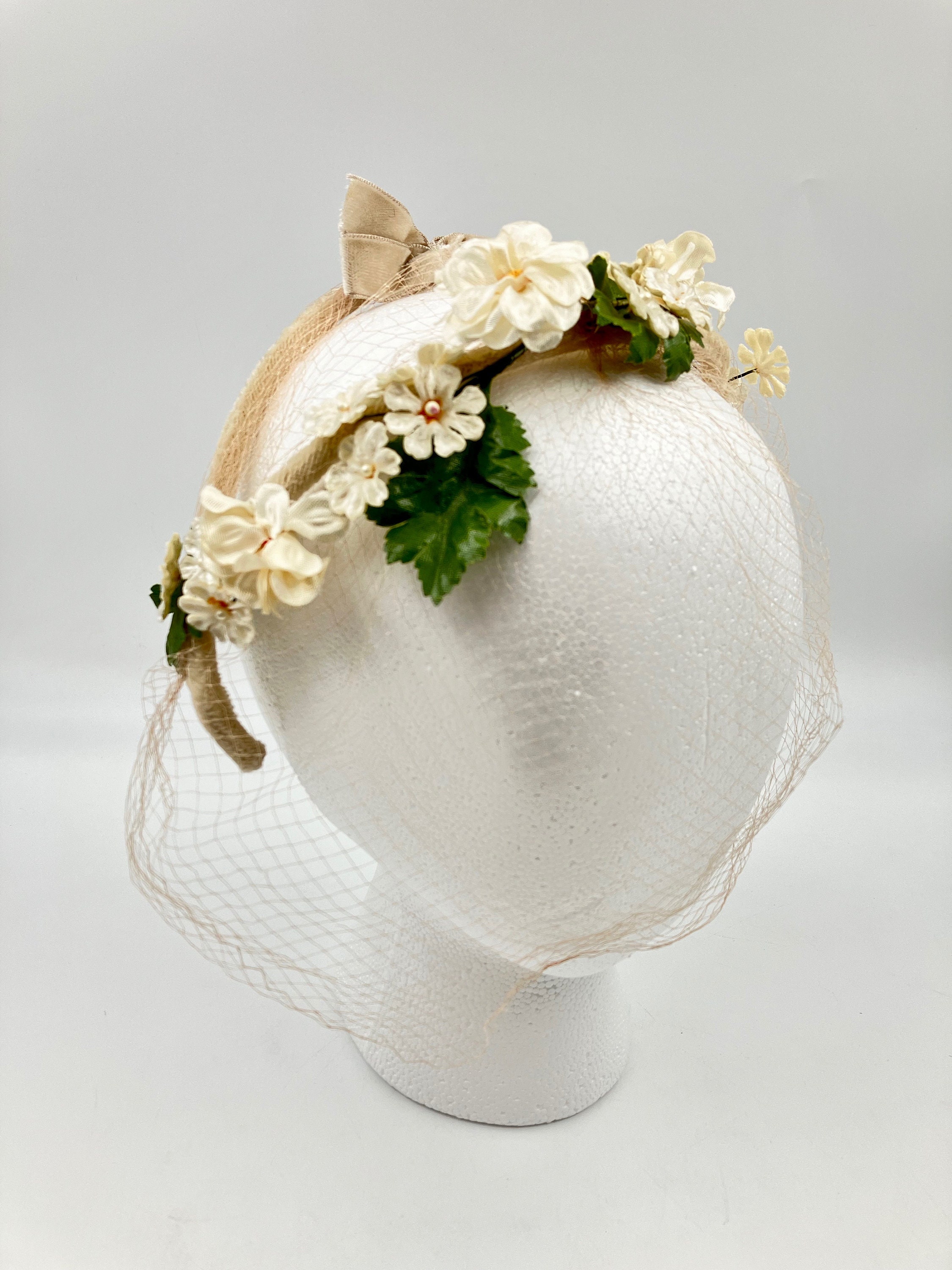 1950s Velvety Taupe and Floral Juliette Cap, With Veil  display picture 3