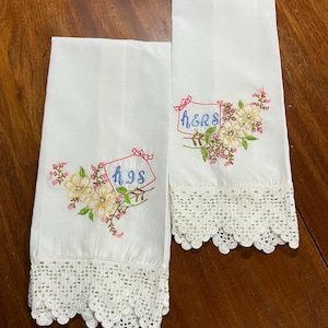 Decorative, Hand Embroidered HIS & HERS Linen Towels, With Crocheted Bottom Trim - Circa 1980s
