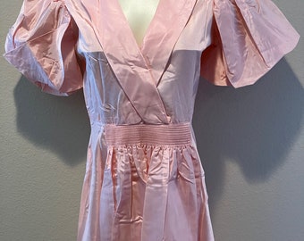 Pink Taffeta Full Length Gown, With Puff Sleeves, Ruched Waist, Side Snap Closure & Tie Back - A Small Size 14, Vintage