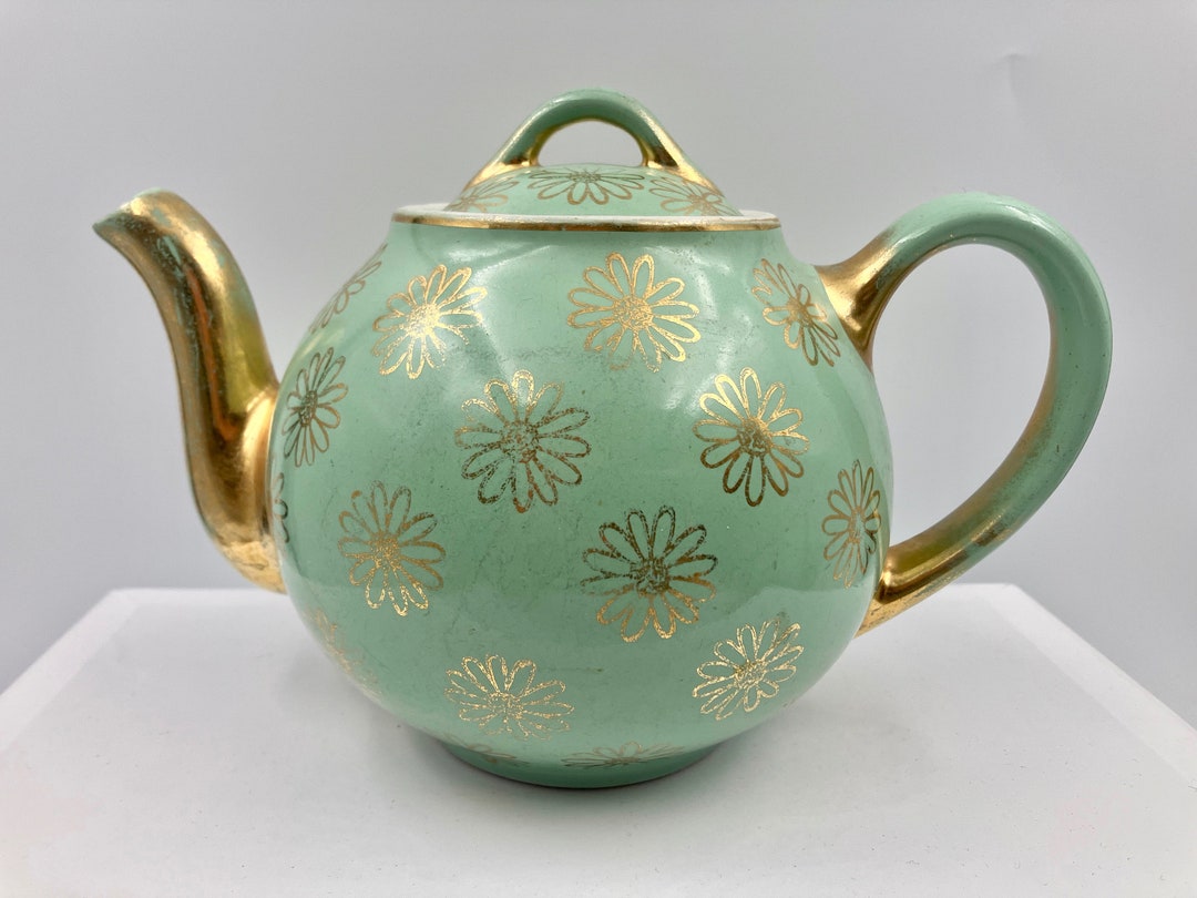 Green Hall Teapot With Gold French Daisies Made in USA 8 Etsy