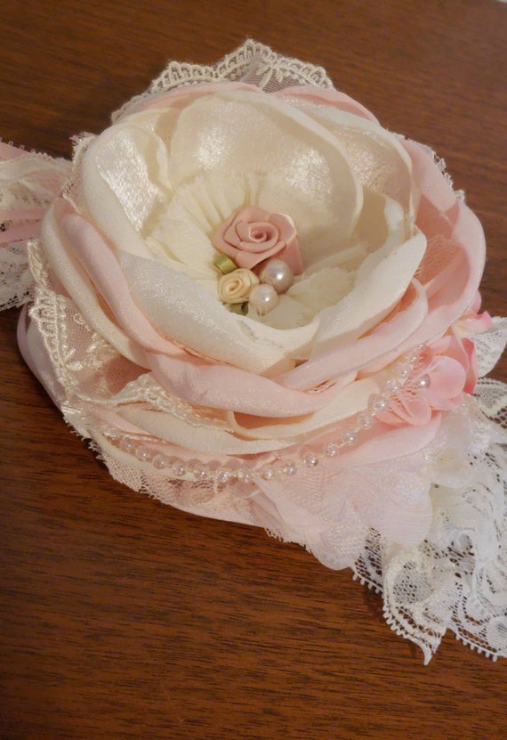 SHABBY SILVER PEARL SATIN LACE W// FLOWER HEADBAND HANDMADE MADE IN USA PICK SIZE