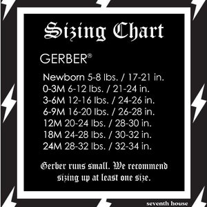 May include: Black and white sizing chart for Gerber clothing with the text "Sizing Chart" and "GERBER&reg;". The chart lists sizes from newborn to 24 months with corresponding weight and height ranges in pounds and inches. The text "Gerber runs small. We recommend sizing up at least one size." is included below the chart.