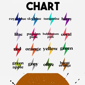 May include: A chart with the names of different colours written in black text, with a lightning bolt symbol next to each colour name. The colours are: royal blue, sky blue, turquoise, berry, lilac, passion pink, bubblegum pink, coral, red, orange, yellow, green, green apple, grey, olive, and burnt orange.