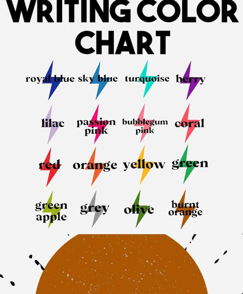 May include: A chart with the names of different colours written in black text, with a lightning bolt symbol next to each colour name. The colours are: royal blue, sky blue, turquoise, berry, lilac, passion pink, bubblegum pink, coral, red, orange, yellow, green, green apple, grey, olive, and burnt orange.