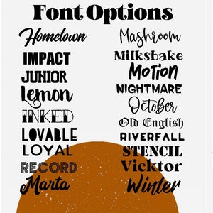 May include: A list of font options for a design project. The fonts are displayed in black text on a white background. The fonts include Hometown, IMPACT, JUNIOR, Lemon, INKED, LOVABLE, LOYAL, RECORD, Marta, Mashroom, Milkshake, Motion, NIGHTMARE, October, Old English, RIVERFALL, STENCIL, Vicktor, and Winter. The text "SEVENTH HOUSE APPAREL" is displayed at the bottom of the image.