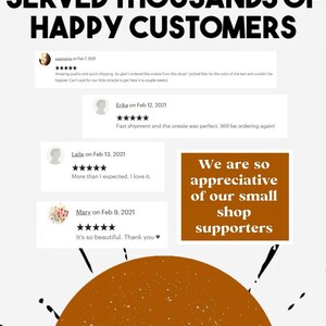 May include: A graphic with the text "SERVED THOUSANDS OF HAPPY CUSTOMERS" in black text on a white background. Below the text are five customer reviews with five-star ratings and positive comments. The graphic also includes the text "We are so appreciative of our small shop supporters" in white text on a brown background. The graphic ends with the text "SEVENTH HOUSE APPAREL" in black text on a white background.