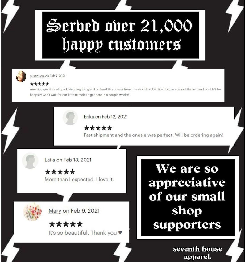 May include: A black and white graphic with the text "Served over 21,000 happy customers" and "We are so appreciative of our small shop supporters" with the text "seventh house apparel." below. The graphic also includes customer reviews with five star ratings and positive comments.