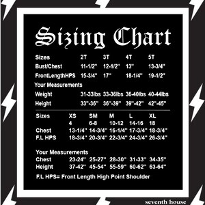 May include: Sizing chart for children's clothing with measurements in inches and pounds. The chart includes sizes from 2T to 5T and XS to XL. The chart also includes measurements for bust/chest, front length high point shoulder, weight, and height.