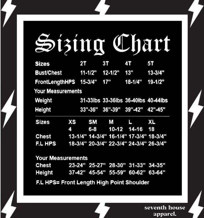 May include: Sizing chart for children's clothing with measurements in inches and pounds. The chart includes sizes from 2T to 5T and XS to XL. The chart also includes measurements for bust/chest, front length high point shoulder, weight, and height.