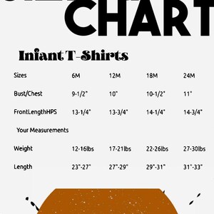 May include: Sizing chart for infant T-shirts with measurements in inches and pounds. Sizes include 6M, 12M, 18M, and 24M. Bust/Chest, Front Length HPS, Weight, and Length are listed for each size.