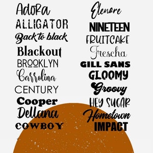 May include: A graphic design featuring a list of words in black text on a white background. The words are: Adora, Alligator, Back to black, Blackout, Brooklyn, Carrolina, Century, Cooper, Dellana, Cowboy, Elenore, Nineteen, Fruitcake, Frescha, Gill Sans, Gloomy, Groovy, Hey Sugar, Hometown, Impact. The words are arranged in two columns. The background is a brown circle with white speckles. The text "SEVENTH HOUSE APPAREL" is at the bottom of the image.
