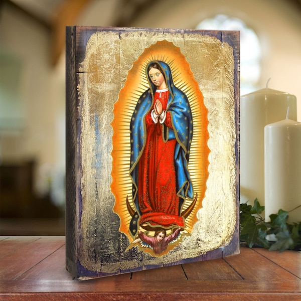 SALE!! SHIPS FAST!!Our Lady of Guadalupe - Religious Icon Wall Art - Reclaimed Wood Handcrafted Gold Plated - Housewarming Gift 85032