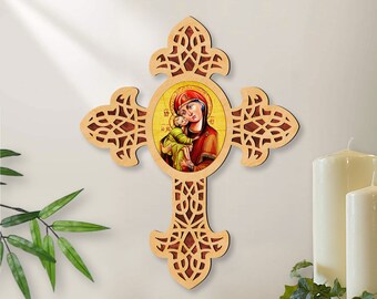 Wooden Wall Cross - Inspirational Vladimir Virgin Mary and Jesus Cross - Religious Home Decor Inspirational Sign - Housewarming Gift - 88311