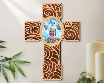 Wood Wall Decor - New Life Butterfly Inspirational Modern Cross - Housewarming Gift - Spring Home Decor - Religious Nursery Gift - 88290