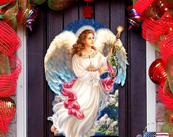 Angel of Light Door Hanger and Wall Art - Handcrafted Wooden Inspirational Religious Decor Art by Dona Gelsinger 8461036H-1322 - Angel Decor