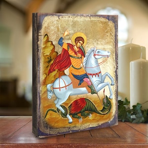 Saint George Icon - Christian Wall Art - Reclaimed Wood Gold-Plated - Decorative Religious Art - Handcrafted Religious Design - 85013