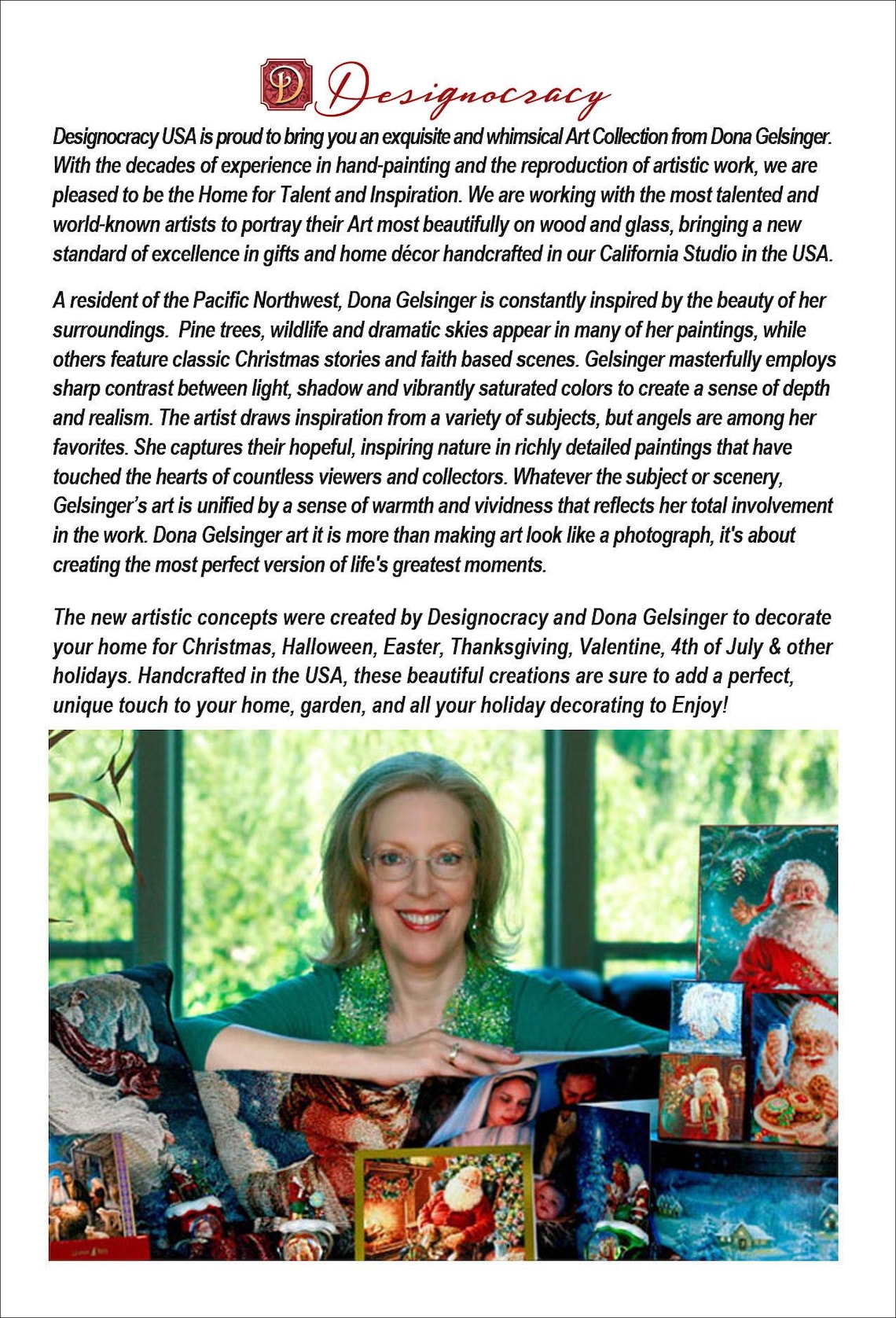May include: Assortment of handcrafted holiday-themed artwork featuring vibrant colors and detailed designs. The collection includes Christmas, Halloween, Easter, Thanksgiving, and Valentine's Day themes. The pieces are created using wood and glass, showcasing a unique style and attention to detail. Handcrafted in the USA.