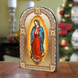 Our Lady of Guadalupe Gold-Plated Arch-Shaped Handcrafted Wooden Icon - Museum Icon Collection - Religious Housewarming Gift - 86032