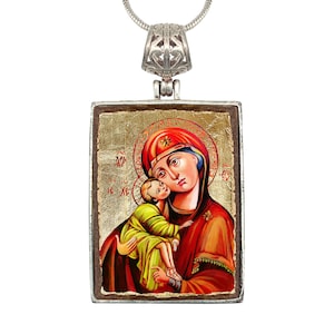 Handcrafted Jewelry - Virgin Mary Necklace - Christian Art - Silver-Plated Settings - Religious Gift - Mary and Jesus 43011R