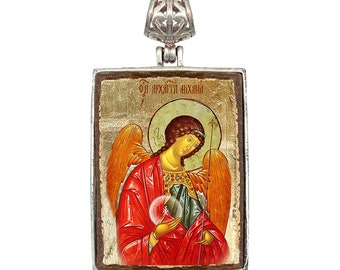 Handcrafted Jewelry | Saint Michael Necklace | Christian Art Charm | Gold-Plated Wood in Silver Plated Setting | Religious Gift 43027R