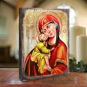 Virgin Mary Icon - Reclaimed Wood Art - Holy Lady of Vladimir Wall Art Handcrafted 85011 Museum Icons Collection Made in USA